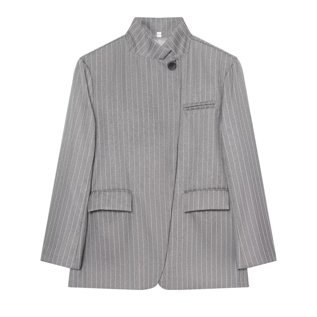 Damen Karierter Longblazer mit Stehkragen, verdeckter Knopfleiste und Pattentaschen Echoarchiv