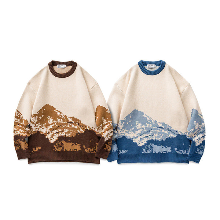 Unisex Oversize-Strickpullover mit Bergjacquard und geripptem Rundhalsausschnitt Echo Archiv