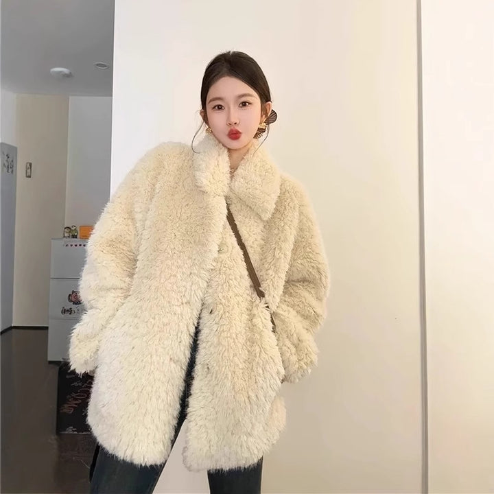 Damen Oversize Teddyfell‑Mantel mit Schalkragen und verdeckter Knopfleiste Echoarchiv