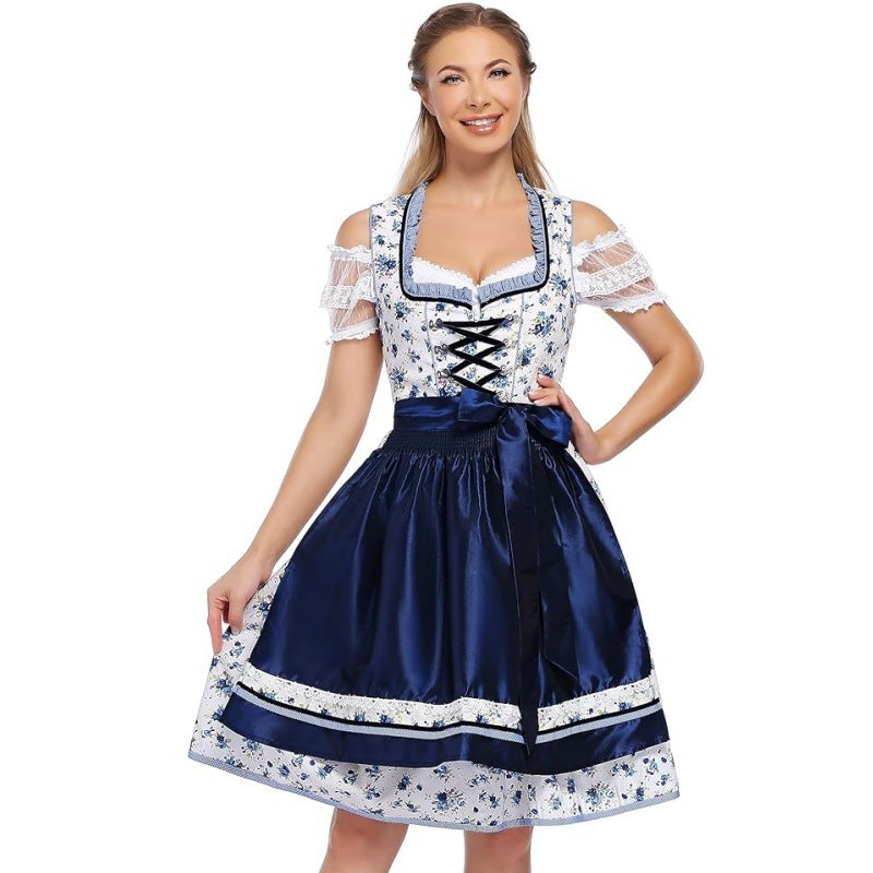 Damen nan traditionelles Dirndlkleid mit Schnürung, floraler Baumwollqualität und Schleifen-Schürze Echo Archiv