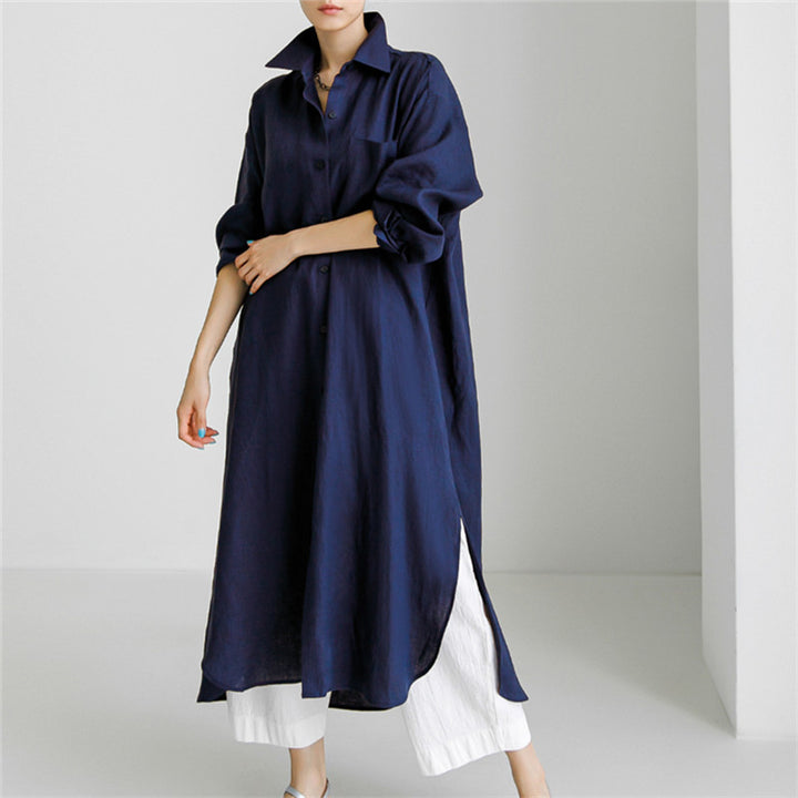 Damen Langes Leinen‑Hemdkleid mit kastiger Oversize‑Silhouette und Seitenschlitzen Echoarchiv