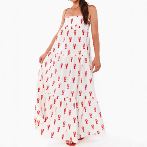 Damen nan trägerloses Bandeau-Maxikleid mit gestuftem Volantrock und maritimem Hummer-Motiv Echo Archiv