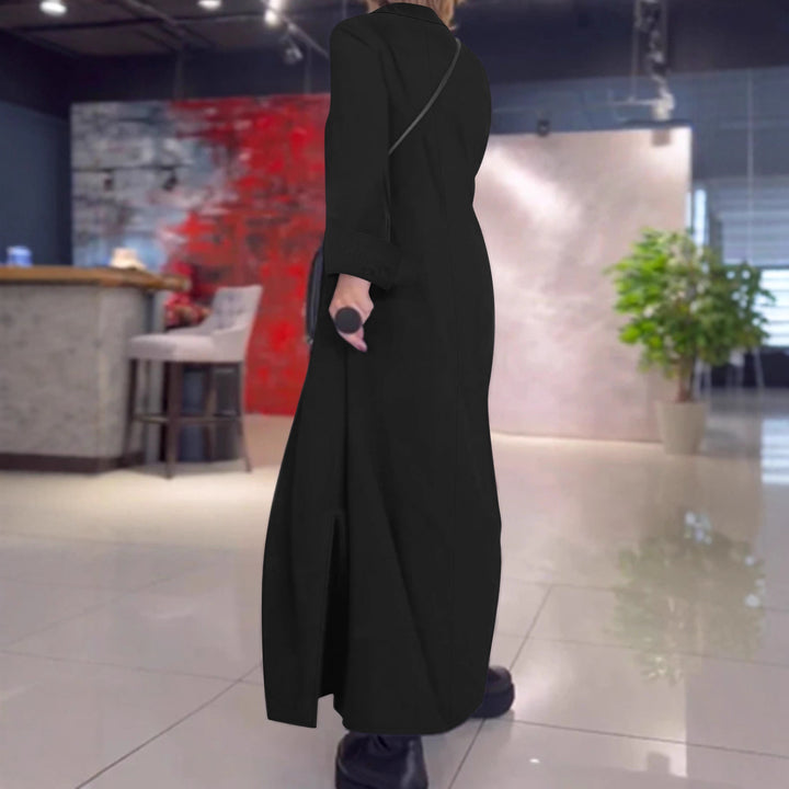 Damen Fließendes Maxikleid mit Stehkragen‑V‑Ausschnitt, langen Ärmeln und seitlichen Eingrifftaschen – Valéora