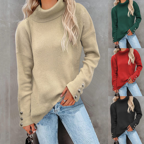 Damen Gerippter Rollkragenpullover mit Oversize-Schnitt und Zierknopfmanschetten Echoarchiv