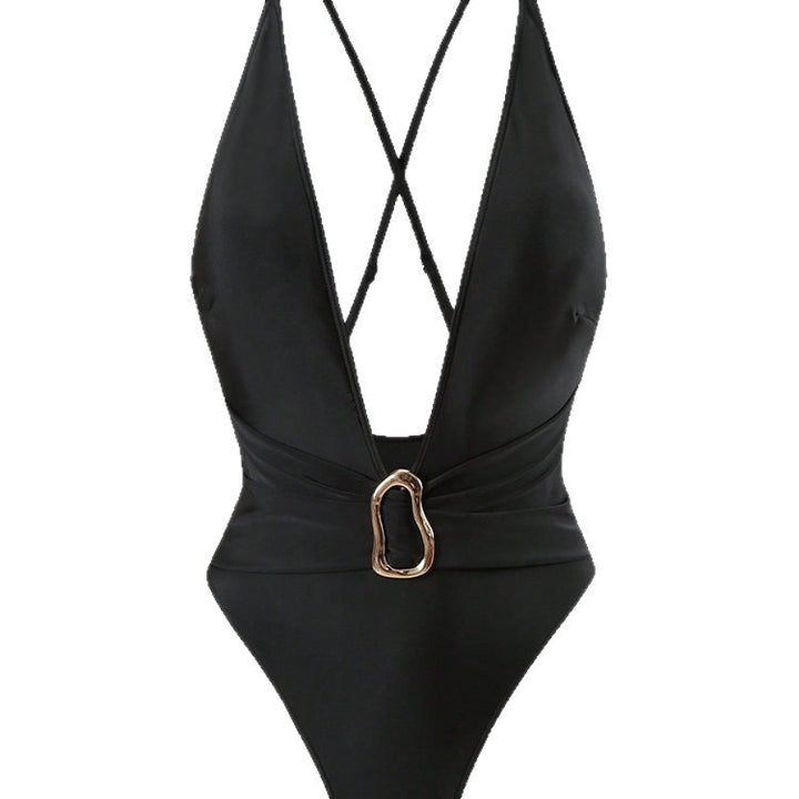 Damen Einteiler Badeanzug mit tiefem V-Ausschnitt und elegantem Schmuckdetail Echo Archiv