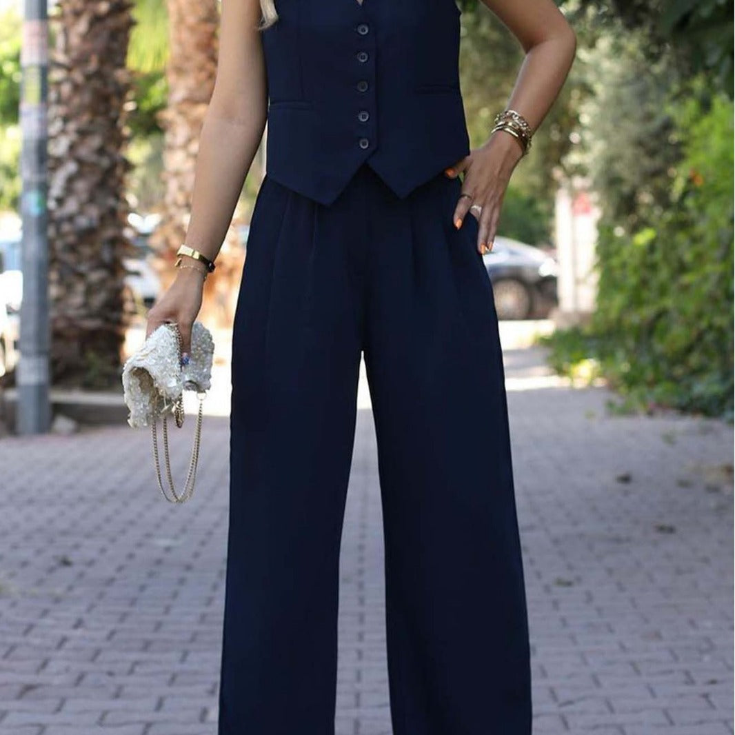 Damen Eleganter Zweiteiler mit taillierter Weste und weiter Palazzo-Hose – Célinea