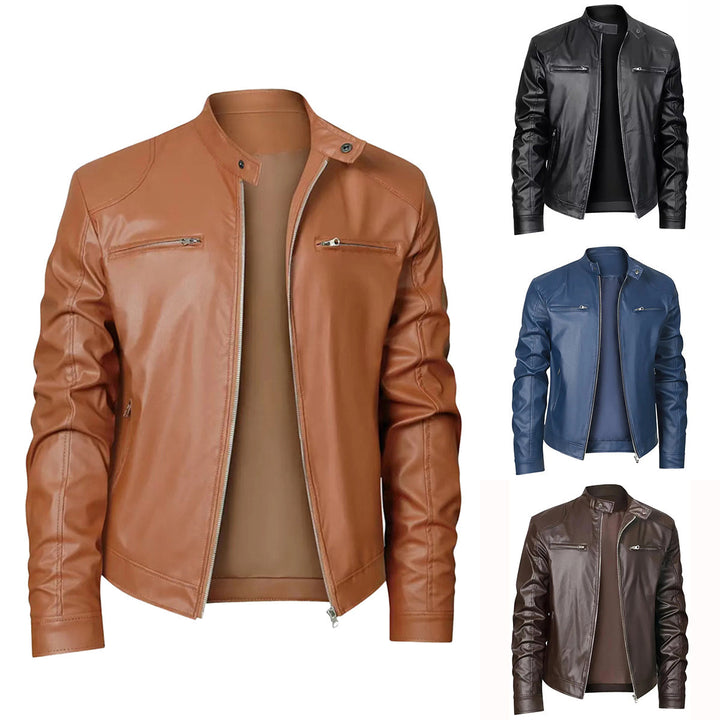 Herren nan schlanke Kunstleder-Bikerjacke mit Stehkragen, durchgehendem Reißverschluss und zwei Brusttaschen Echo Archiv