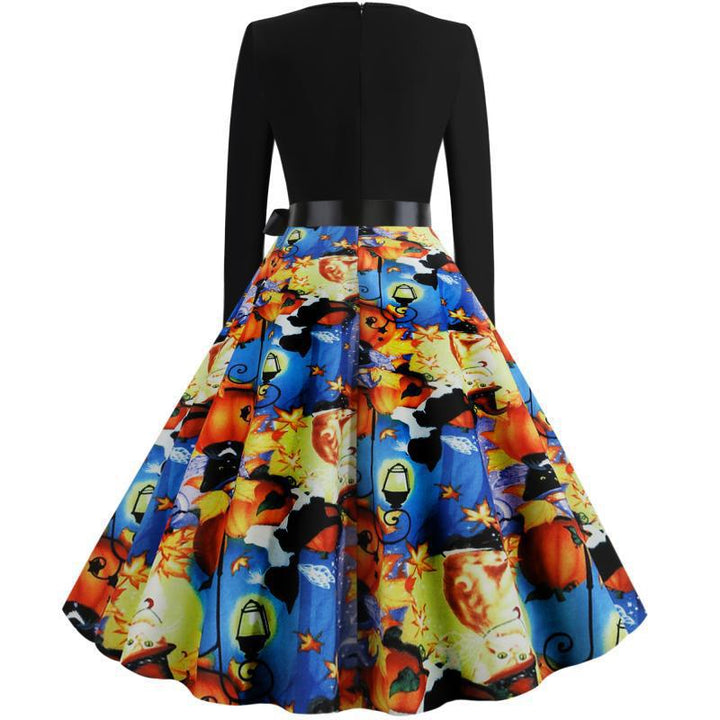 Damen Retro Swingkleid mit gewelltem Ausschnitt, langen Ärmeln und Halloween-Print Tellerrock – Élara