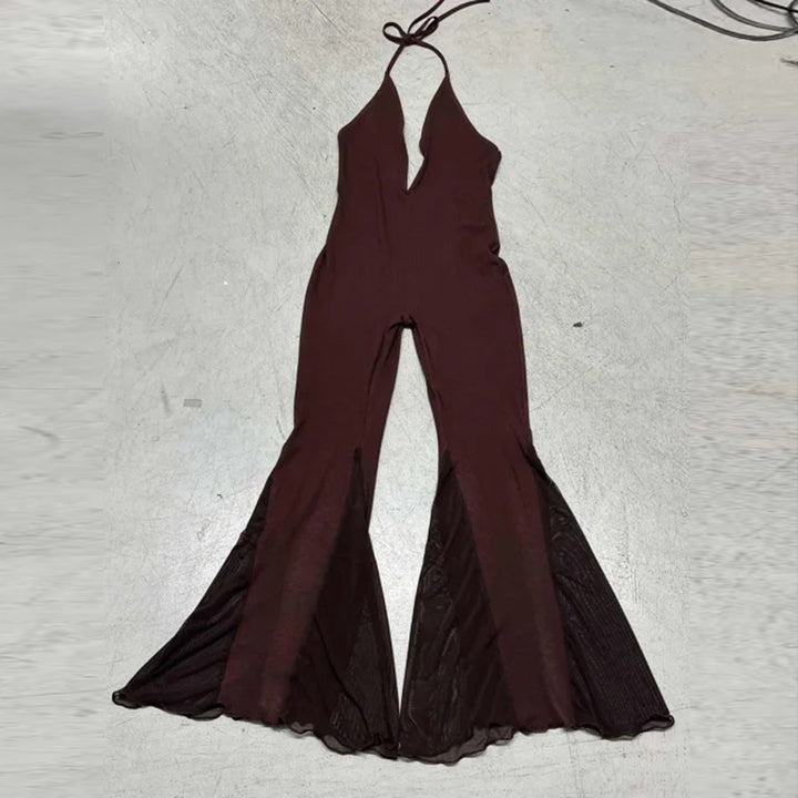 Damen Flared Jumpsuit mit V-Ausschnitt und Rückenschnürung Echo Archiv