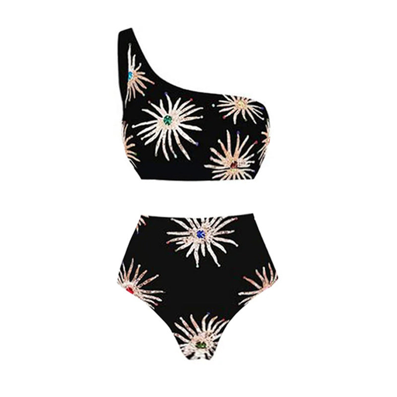 Damen Elegantes asymmetrisches Bikini-Set mit funkelndem Blumendesign Echo Archiv