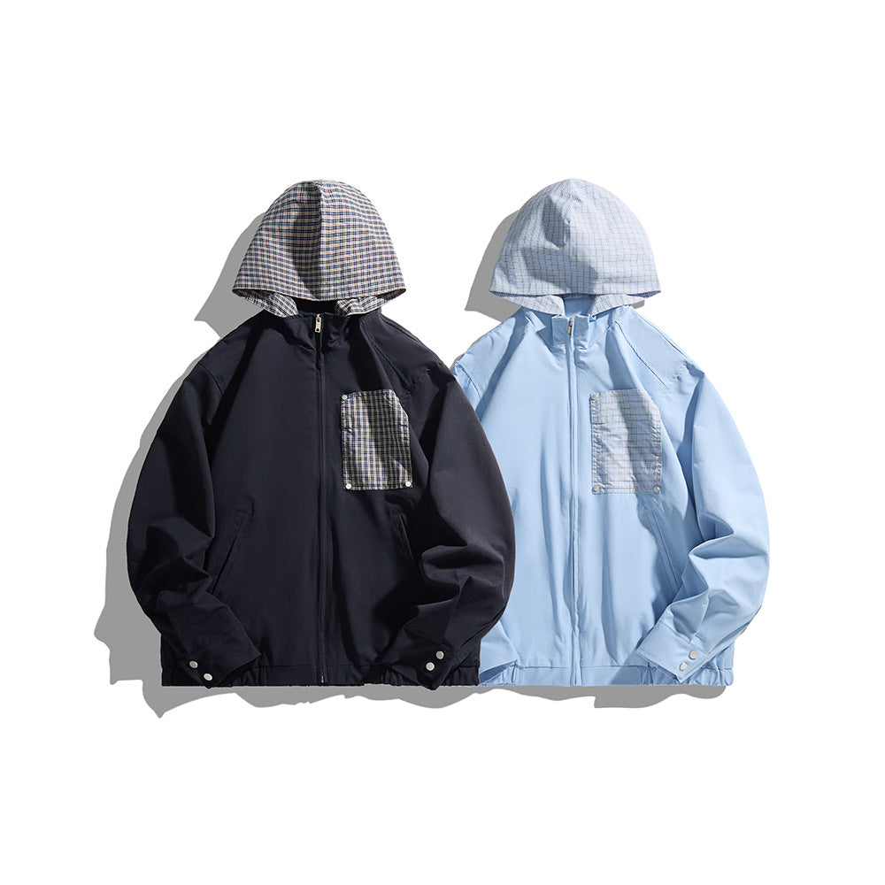 Unisex Leichte Kapuzen-Übergangsjacke mit Karopatch-Brusttasche und elastischem Saum Echoarchiv