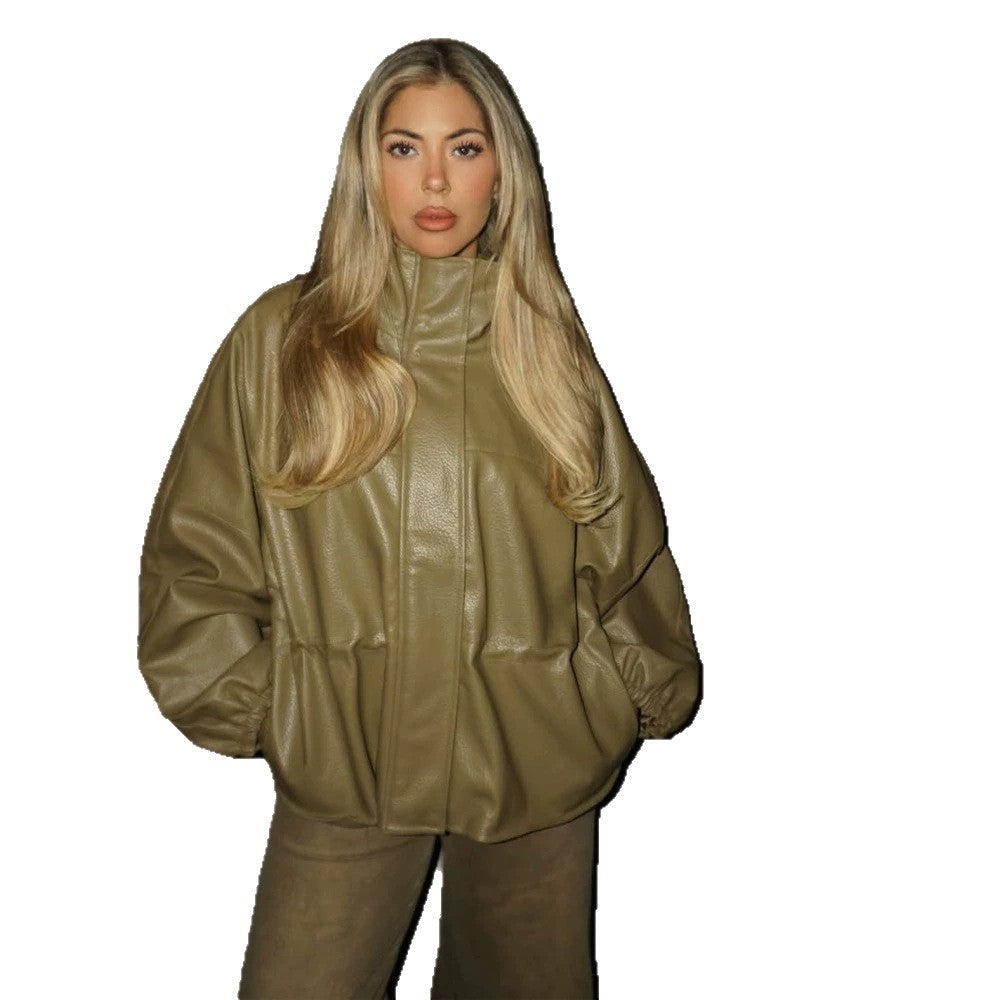 Damen Boxy Kunstlederjacke mit hohem Stehkragen, Tunnelzug-Taillierung und Ballonärmeln Echoarchiv