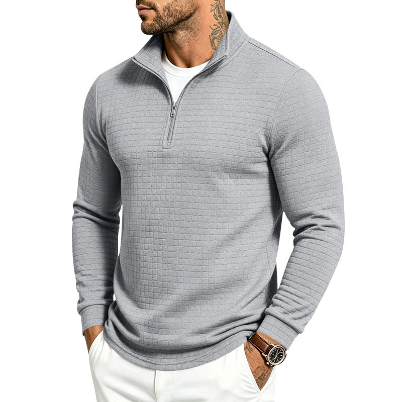 Herren Slim-Fit Pullover mit halbem Reißverschluss und geprägter Quadratstruktur Echoarchiv