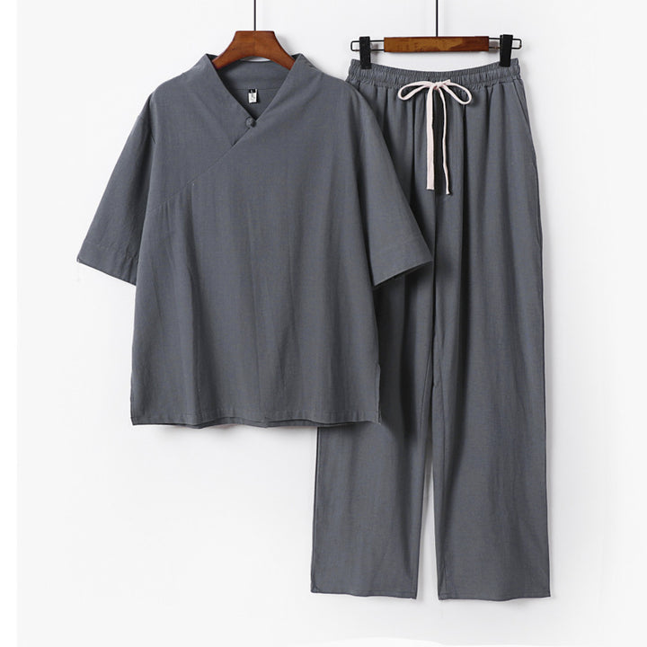 Unisex Leichtes Kimono-Loungewear-Set mit V-Ausschnitt und Tunnelzug-Hose Echoarchiv