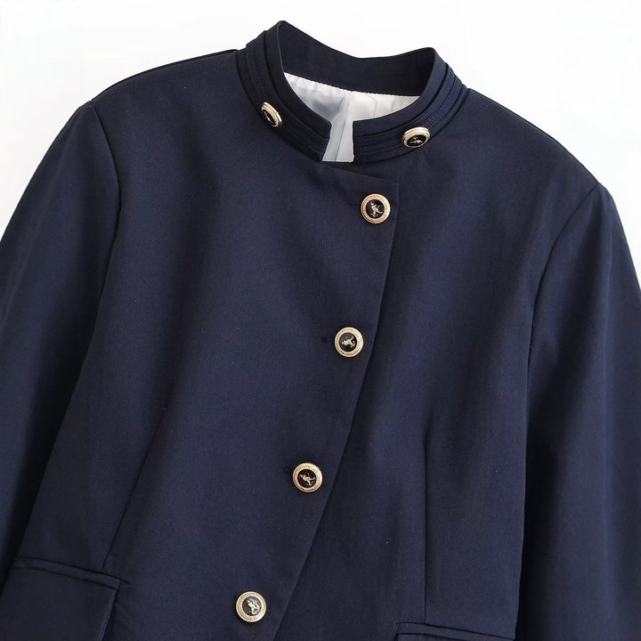 Damen Elegante taillierte Kurzjacke im Marine-Stil mit Stehkragen, Zierknopfleiste und Pattentaschen Echo Archiv