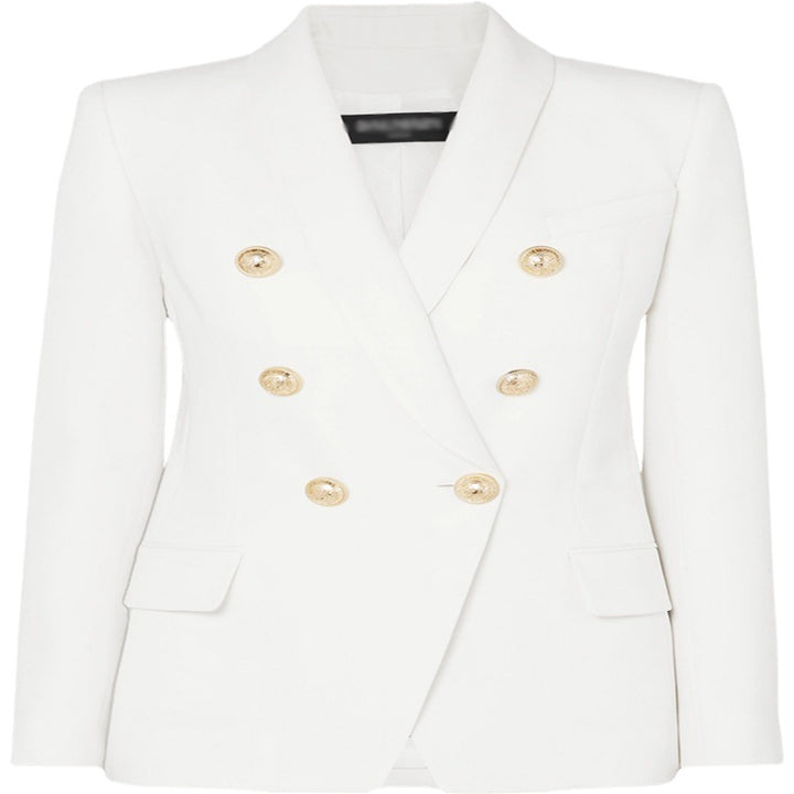 Damen Taillierter Zweireihiger Blazer im Smoking-Tailoring mit Schalkragen und goldenen Zierrundknöpfen Echoarchiv