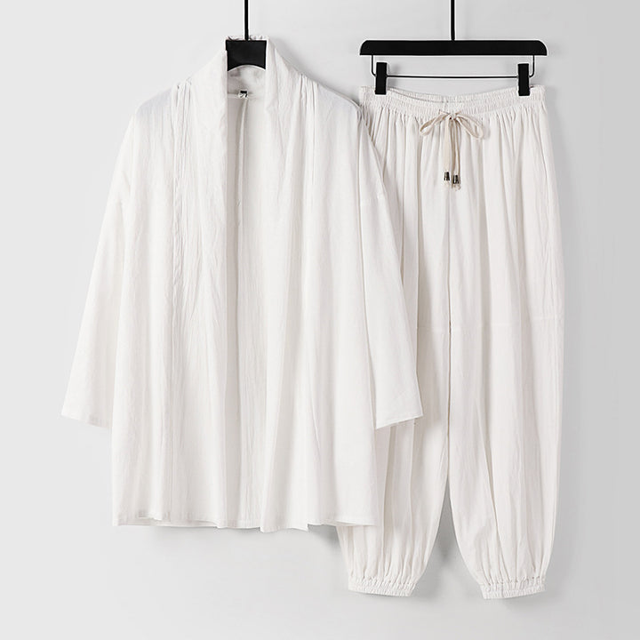 Unisex Entspanntes Kimono-Zweiteiler aus Baumwollmusselin mit Schalkragenjacke und geraffter Knöchelhose Echoarchiv