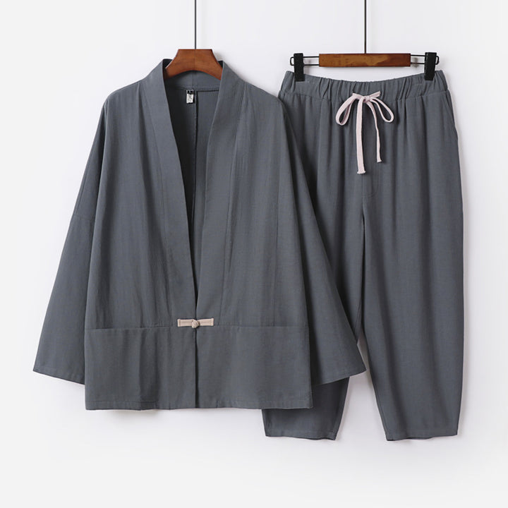 Unisex Lässiges Kimono-Loungewear-Set aus leichtem Leinenmix mit Kordelbundhose Echoarchiv