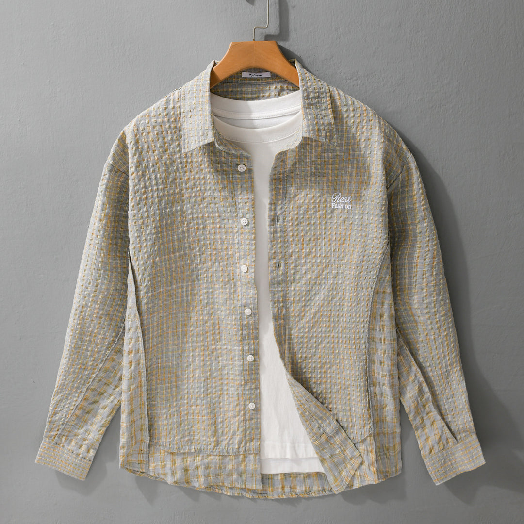 Damen Relaxed-Fit Crinkle-Hemdjacke mit feiner Gingham‑Webstruktur und dezenter Bruststickerei Echoarchiv