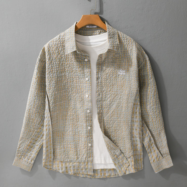 Damen Relaxed-Fit Crinkle-Hemdjacke mit feiner Gingham‑Webstruktur und dezenter Bruststickerei Echoarchiv