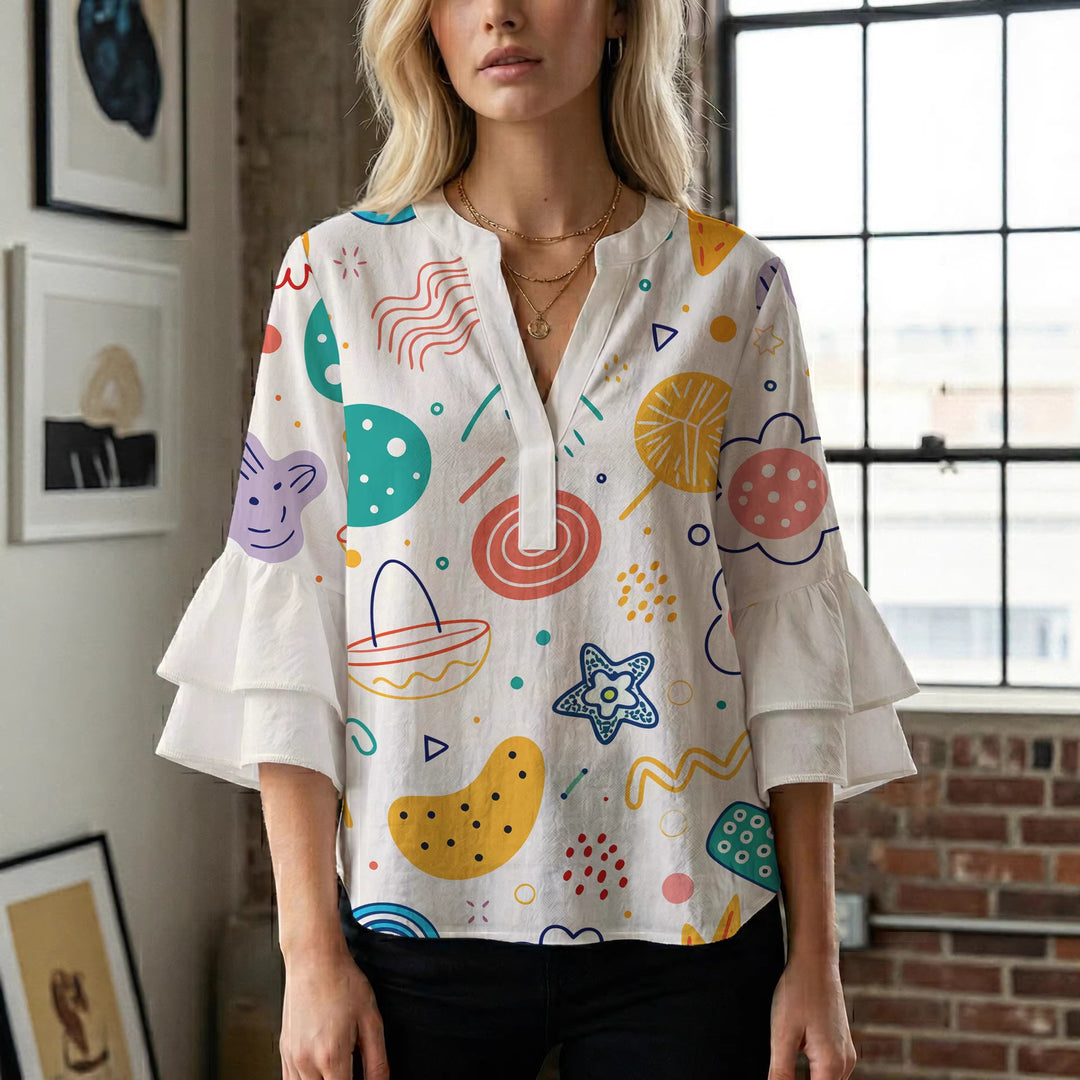 Damen Bluse mit voluminösen Rüschenärmeln und floralem Muster Echo Archiv