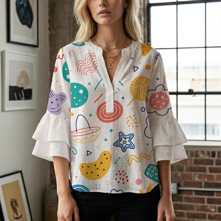 Damen Bluse mit voluminösen Rüschenärmeln und floralem Muster Echo Archiv