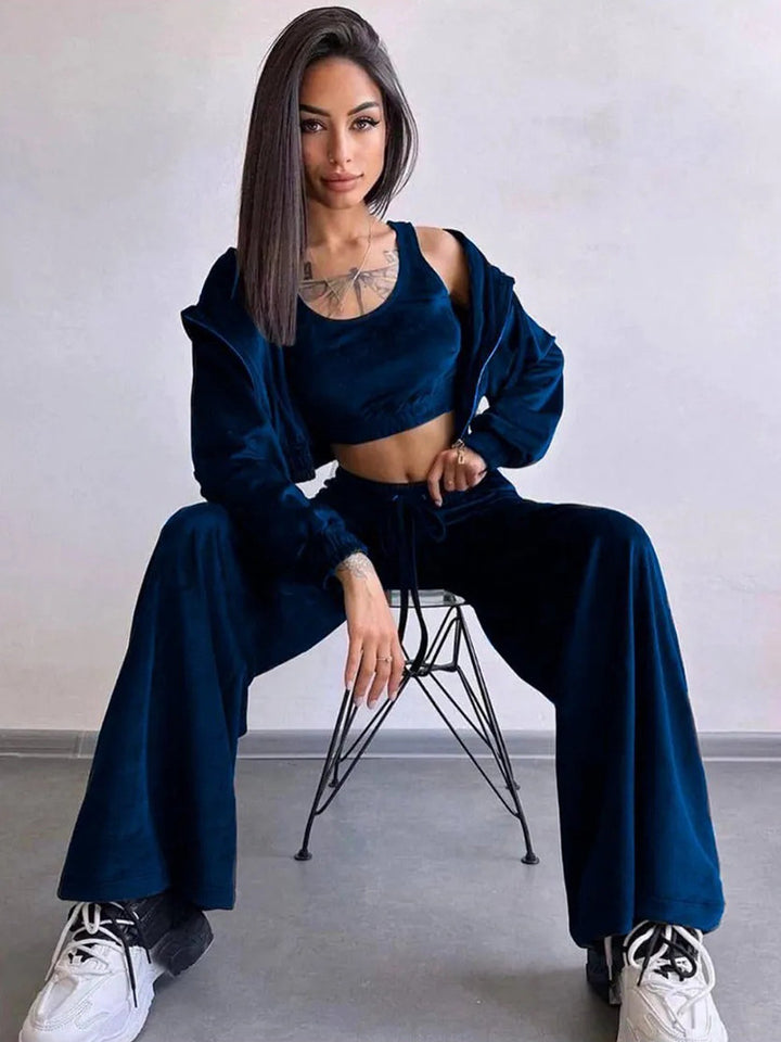 Damen luxuriöses Velours-Lounge-Set mit kurzem Reißverschluss-Hoodie und weitem High-Waist-Hose – Auréline