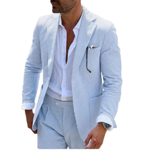 Herren nan sommerlicher Seersucker-Anzug mit ungefüttertem Sakko, schmaler Passform und Faltenhose Echo Archiv