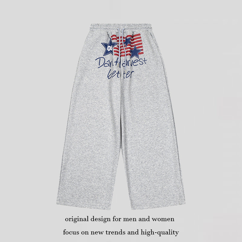 Damen Weite Culotte-Loungehose mit hohem Komfortbund, Kordelzug und Stern-Flaggen-Print Echoarchiv