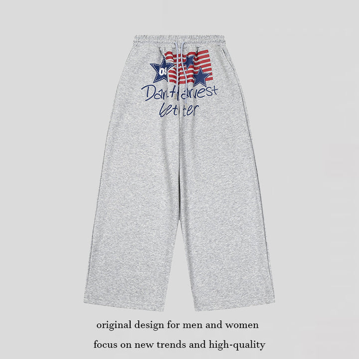 Damen Weite Culotte-Loungehose mit hohem Komfortbund, Kordelzug und Stern-Flaggen-Print Echoarchiv