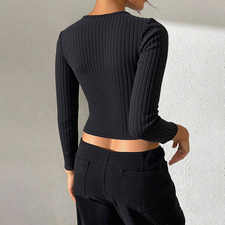 Damen gerippte Cropped-Strickjacke mit spitzem Saum und Knopfverschluss – Veloura