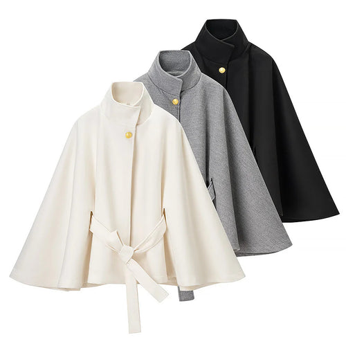 Damen taillierter Wollcape-Mantel mit Stehkragen Bindegürtel und verdeckter Knopfleiste – Montévia