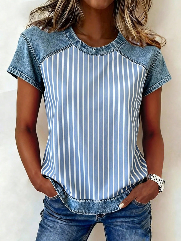 Damen Kurzarmshirt mit Jeans-Einsätzen und Teddy-Patchprint Echo Archiv