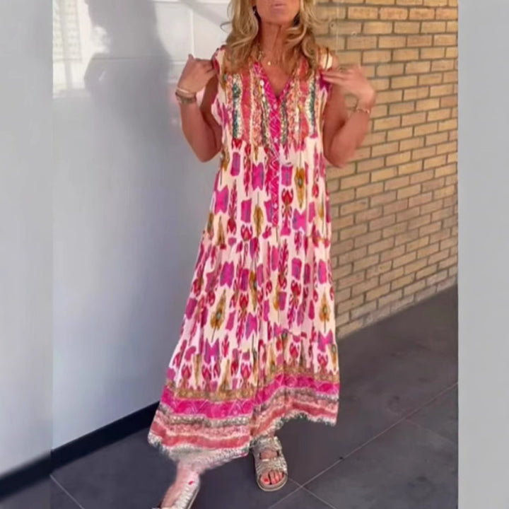 Damen nan fließendes Maxikleid im Boho-Stil mit V-Ausschnitt, Stufenrock und bestickter Passe Echo Archiv