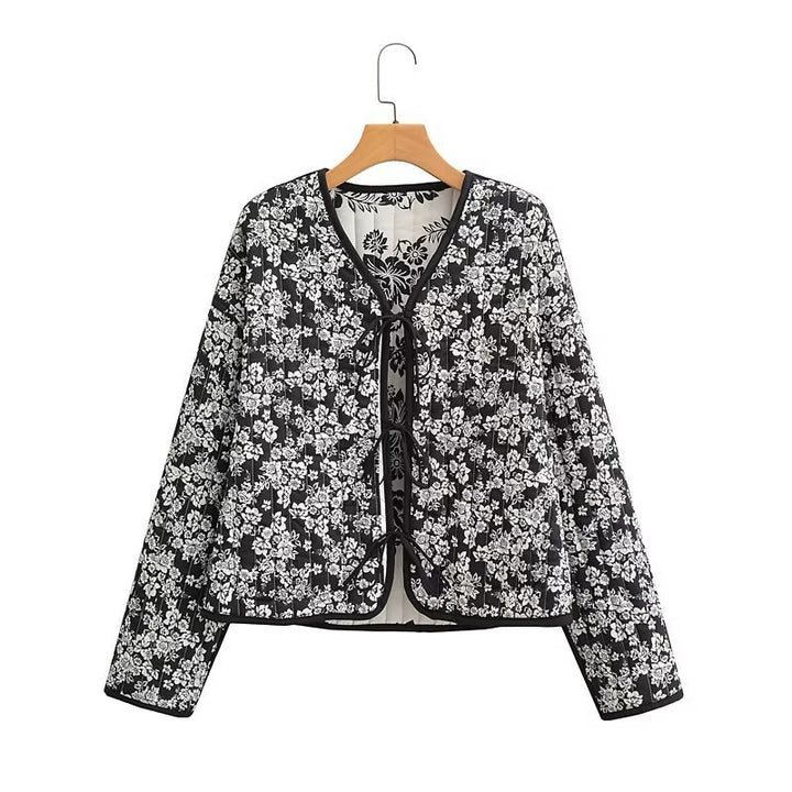 Damen Gestepptes Kurzblouson mit floralem Allover-Print und Bindeschleifen Echo Archiv
