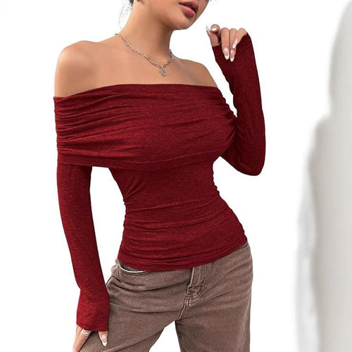 Damen Schulterfreies Ripp-Longsleeve mit weitem Umschlagkragen und taillierter Silhouette – Avérine