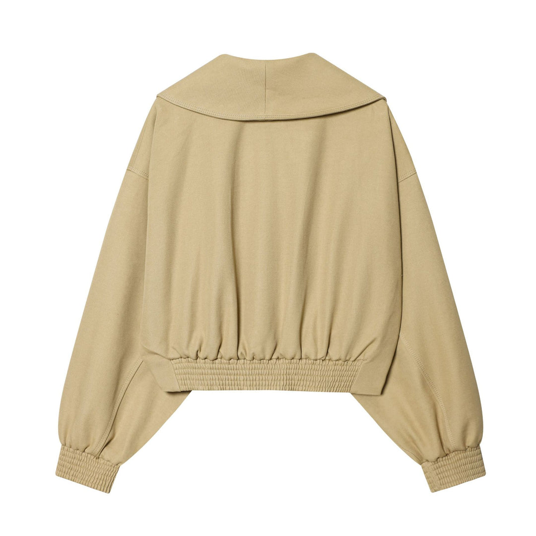 Damen kurze Wickeljacke mit großem Schalkragen, Taillengürtel und Ballonärmeln – Célinea