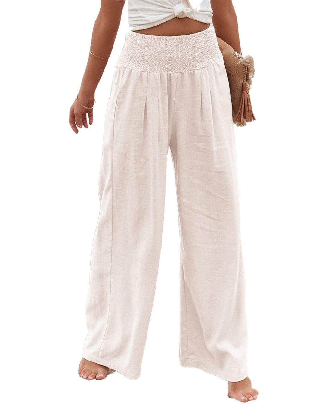 Damen Weite Leinenhose mit Elastischem Bund und Falten Echoarchiv