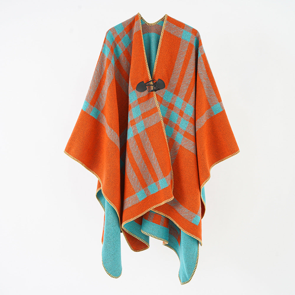 Damen Reversibler Wollmix-Poncho mit Knebelverschluss und Karomuster Echo Archiv