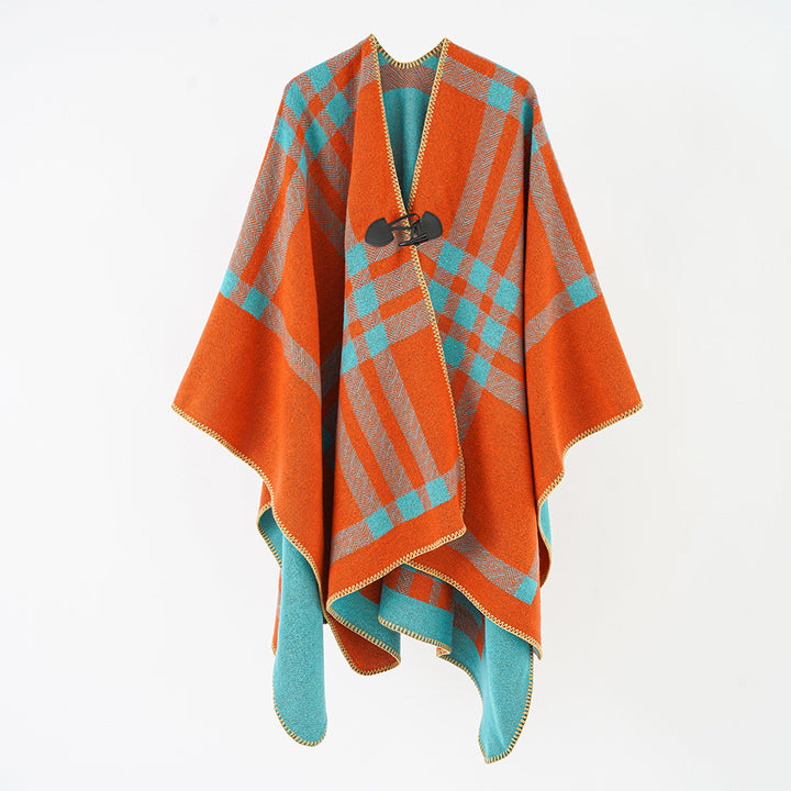 Damen Reversibler Wollmix-Poncho mit Knebelverschluss und Karomuster Echo Archiv