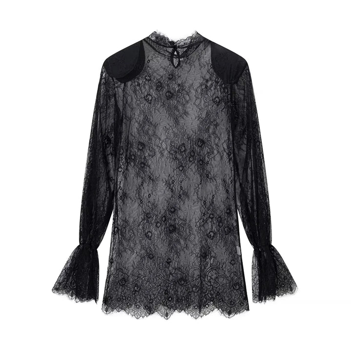 Damen nan transparente Spitzenbluse mit Stehkragen, Bindeschlüssel und Glockenärmeln Echo Archiv