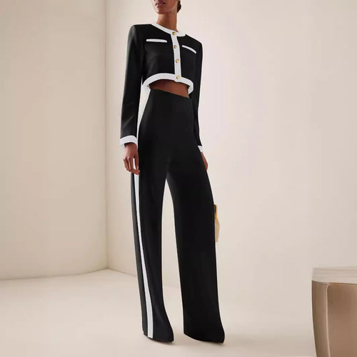 Damen Kurzgeschnittenes Cropped-Tailoring-Set mit Kontrastpaspel und High‑Waist Palazzo-Hose – Avélisse