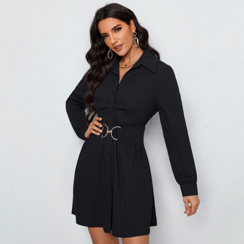 Damen Hemdblusenkleid mit figurbetonendem Taillengürtel und dekorativer Doppelschnalle Echoarchiv