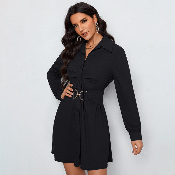 Damen Hemdblusenkleid mit figurbetonendem Taillengürtel und dekorativer Doppelschnalle Echoarchiv