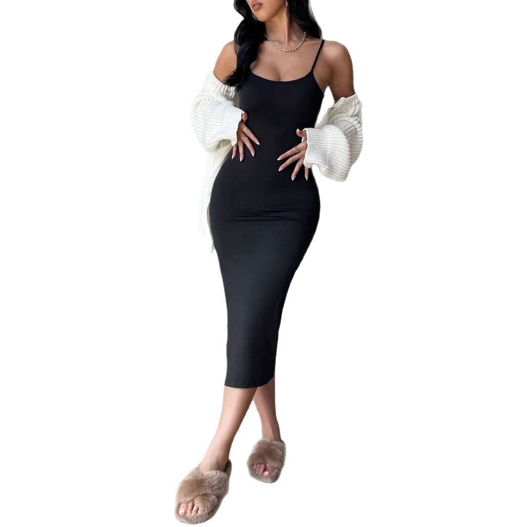 Damen figurbetontes Maxi-Kleid mit schmalen Spaghettiträgern und seitlichem Schlitz Echo Archiv