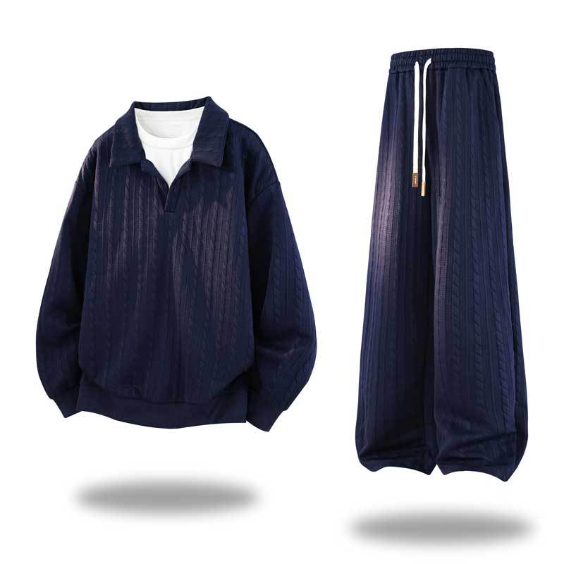 Herren Oversize Strukturiertes Lounge‑Set mit Polokragen, Zopfmuster‑Optik & weitem Bein Echoarchiv