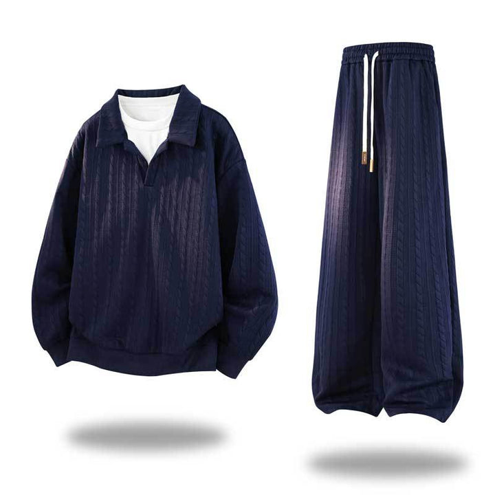 Herren Oversize Strukturiertes Lounge‑Set mit Polokragen, Zopfmuster‑Optik & weitem Bein Echoarchiv
