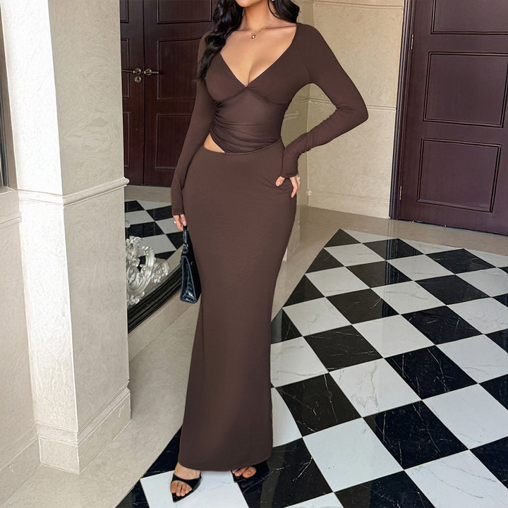 Damen tailliertes Maxikleid mit tiefem V‑Ausschnitt, seitlichem Cut‑Out und figurbetonter Stretch‑Silhouette – Valéora