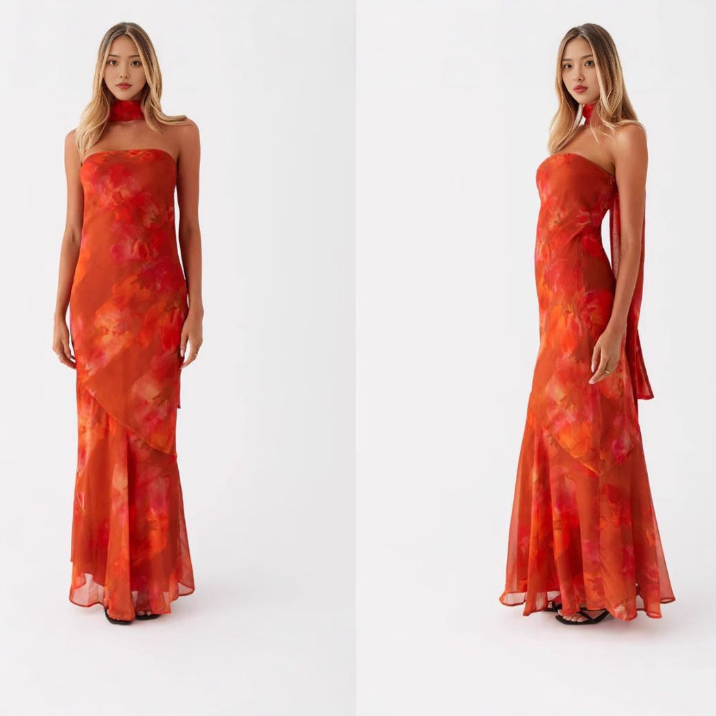 Damen Elegantes Langarm Abendkleid im Blumendesign Echoarchiv