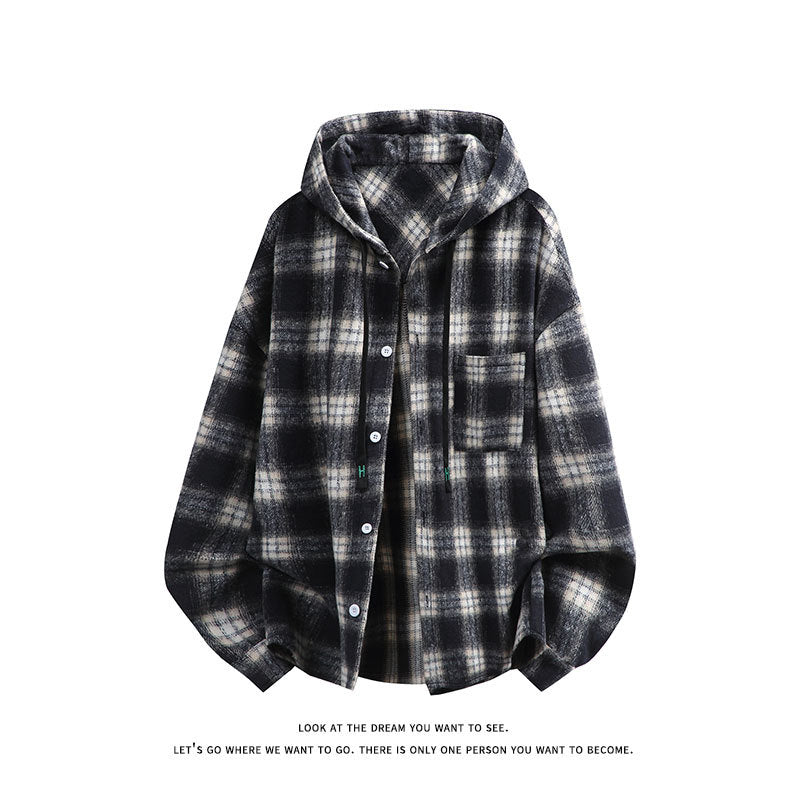 Unisex nan oversized Kapuzen-Hemdjacke aus Flanell mit Karomuster und Brusttasche Echo Archiv